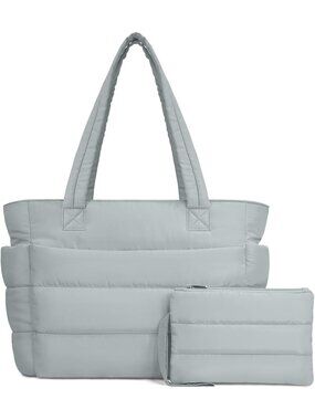 Women's Light Grey Travel lightweight Puffy Tote Handbag Quilted Shoulder Bag